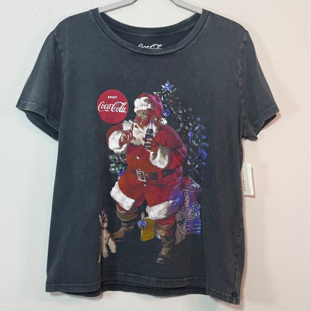 NWT Lucky Brand Coca-Cola Santa T-Shirt Women L Anthracite Gray Christmas Tee